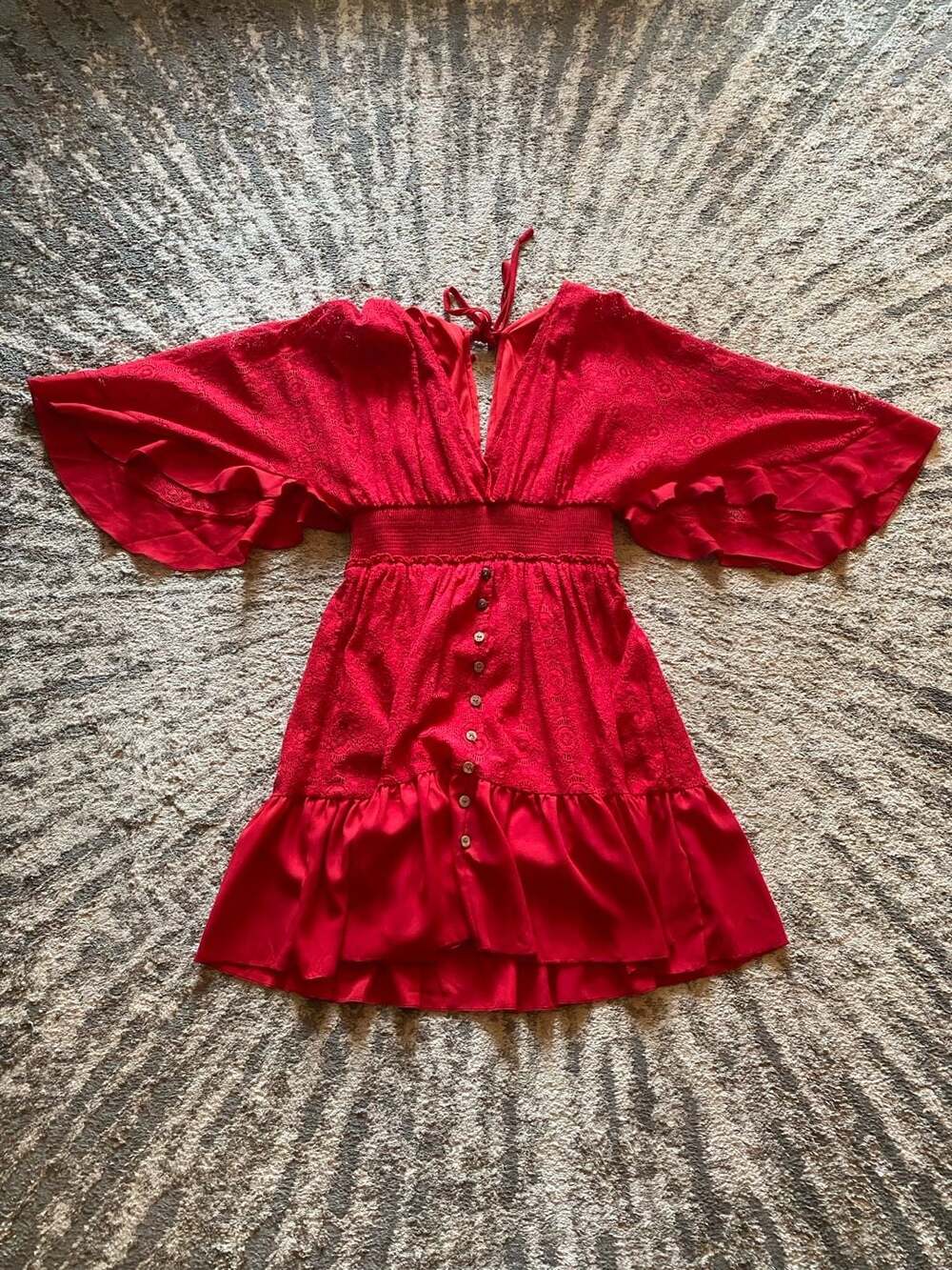 Red Lace Flare Sleeve Mini Dress with Button Front and Ruffle Hem